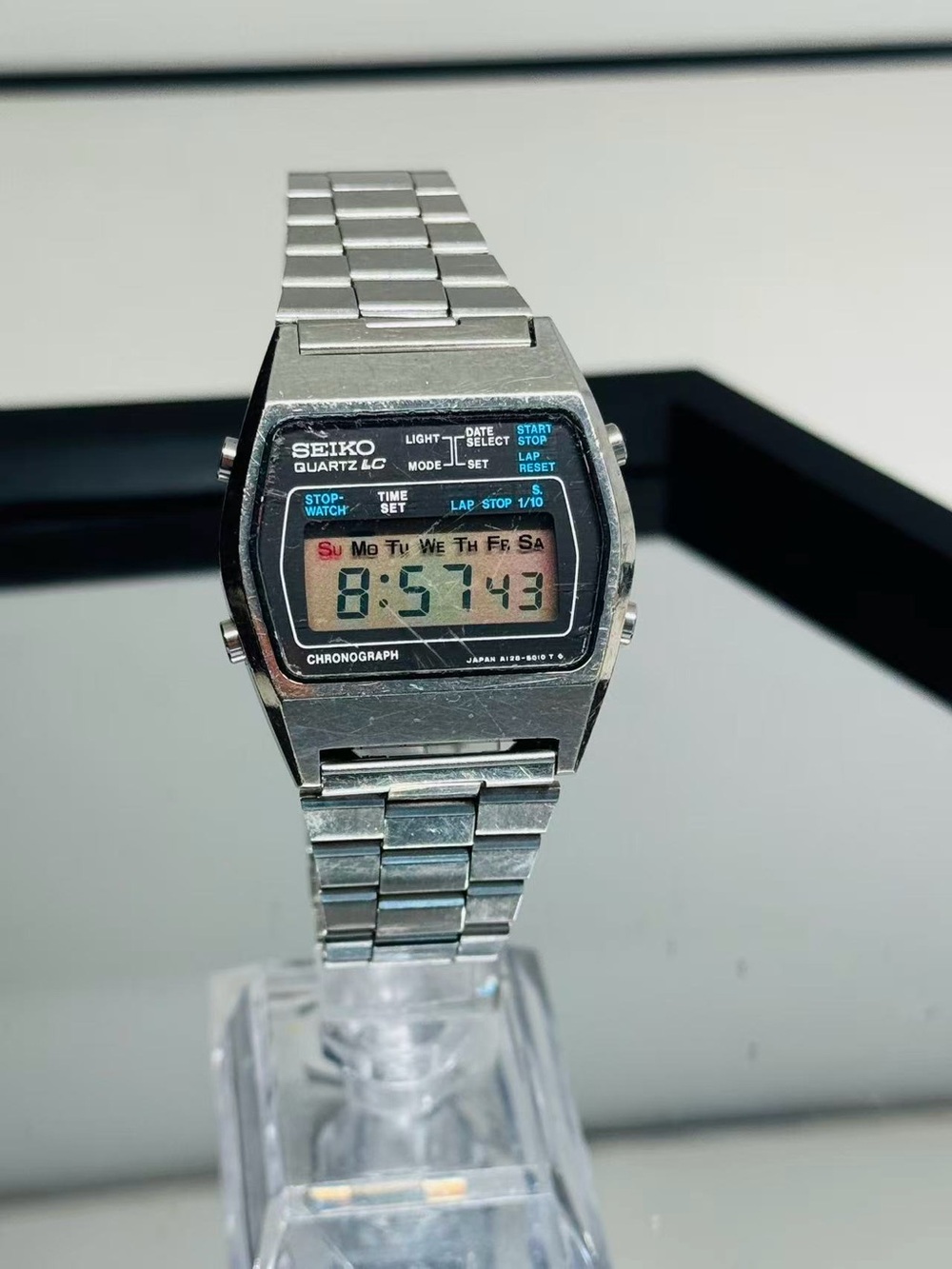 Vintage Seiko Men Quartz LC Digital Chronograph Watch 38mm New Battery Runs